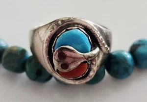 Antiguo Peón Vintage NAVAJO Coral Turquesa Esterlina EFFIE Calavaza Serpiente Anillo Talla 9 - Imagen 1 de 6
