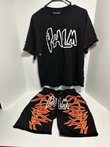 Palm Angels Garment Dye Palm Graffiti Flames Set (T-Shirt + Shorts), Size M - Picture 1 of 4