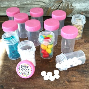 Refill Plastic Pill Bottles  12 Jars Pink CAPS  Containers #3308 DecoJars USA - Picture 1 of 4