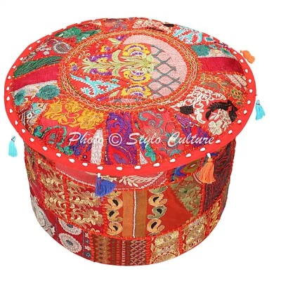 Bohemian Round Pouf Cover Patchwork Embroidered Hassock Ottoman Ethnic 22" - Image 1 of 3