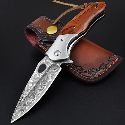 KOMWERO Damast Taschenmesser Klappmesser Mit Damaststahl Klinge, Holzgriff, Flipper, Mes