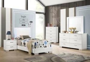 4 PC WHITE LED LIGHTS TWIN BED NIGHTSTAND DRESSER MIRROR BEDROOM FURNITURE SET - Picture 1 of 17