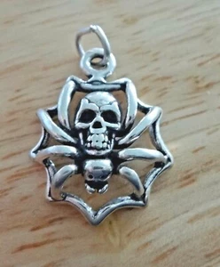 Sterling Silver 21x16mm Halloween Skull Spider on Web Charm - Picture 1 of 4