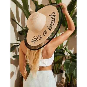 Sombrero de ala ancha de paja lentejuelas Lifes a Beach borde de encaje negro flojo - Imagen 1 de 6