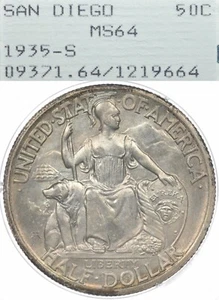 1935-S 50C PCGS MS64 Rattler San Diego commemorativo argento mezzo dollaro OGH - Foto 1 di 4