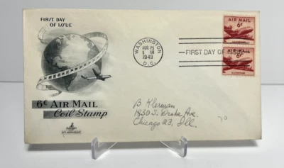 US FDC 1949 6c Air Mail Coil Stamp Art Craft 10th Anniversary  - Image 1 of 2