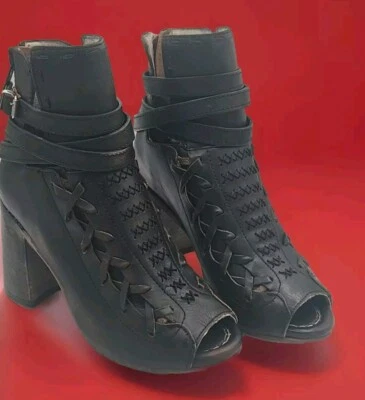 Freebird By Steven Eagle Black Distressed Brown Peep Toe Heeled Bootie Sandal... - Image 1 of 4