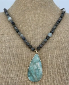 Faceted Labradorite 32” Necklace & Rough Cut 2 1/8” Jadeite Pendant - Picture 1 of 9