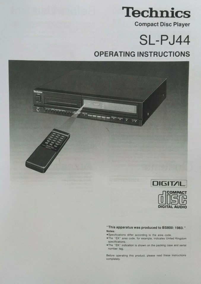 Technics SL-PJ44 Compact Disc Player - Operating Instructions - USER MANUAL - Image 1 of 1