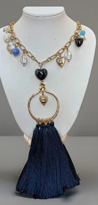 Chicos Necklace Charms Tassel Gold Tone Metal Chain Rhinestone Beads Faux Pearls - Picture 1 of 11