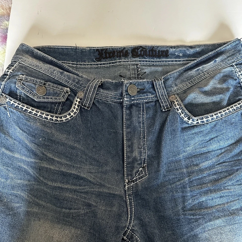 Pantalones de mezclilla Xtreme Couture para hombre 36x32 azul pierna recta solapa bolsillo Y2K  Foto 1 de 4