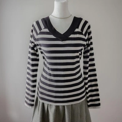 Camisa Top Para Mujer Y2K Rayas Blanco y Negro Cuello en V Manga Larga Preppy Talla L Foto 1 de 4