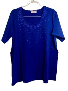 Quacker Factory 1X Blue Beaded Short Sleeve Stretch Top T Shirt Side Slits NWT - Picture 1 of 8