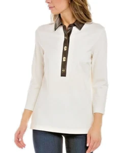 REDUCED! J. McLaughlin Nadine Top 3/4 Sleeve Faux Leather Trim, Small, preowned - Picture 1 of 3