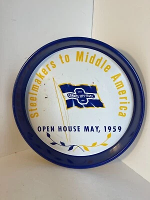 Bandeja metálica vintage de granito City acero Illinois publicidad redonda 1959 #2 Foto 1 de 4