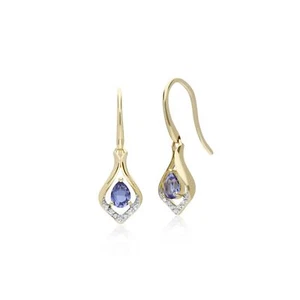 Classico Pera Tanzanite E Diamante Foglia Halo Drop Orecchini IN 9ct Oro Giallo - Foto 1 di 3