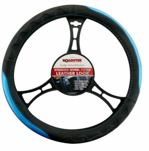STEERING WHEEL COVER LEATHER LOOK CAR ACCESSORIES SOFT GRIP BLACK BLUE PROTECTOR - Picture 1 of 3