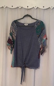 Umgee Women's M Top 3/4 Flutter Bell Sleeves Boho Floral Tie Front Mixed Media - Picture 1 of 6