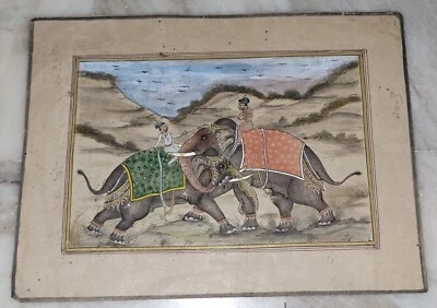 Antique Hand Painted Mughal Miniature King Elephant Battle Seen Paper Painting - Image 1 of 4