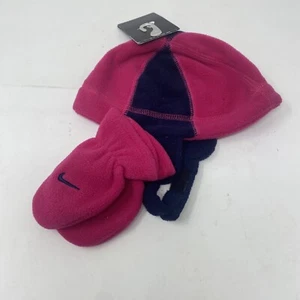 Nike Toddler Hat and Gloves Set Size 2/4T months Blue Fireberry Neck Strap - Picture 1 of 5