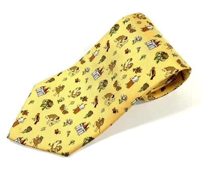 Salvatore Ferragamo Silk Tie Rooster Butterfly Farmer Flower Graphic Print Italy - Image 1 of 4