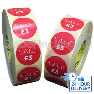 Adesivi rossi negozio 4000 x ""VENDITA £3"" al dettaglio etichette prezzo 35 mm - Foto 1 di 5