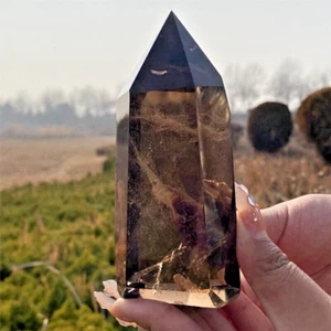 0.88LB Natural Smokey quratz Crystal Obelisk ReikiTower Crystal Wand Point - Picture 1 of 18