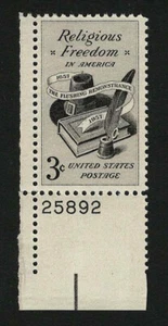 US 1957 #1099 Religious Freedom Issue 3c Black Plate # No. Single PNS Mint MNH - Picture 1 of 2