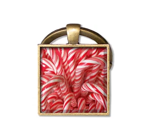 Candy Cane Holiday Pattern - Handmade SQUARE Glass Pendant Key Ring Keychain - Picture 1 of 5