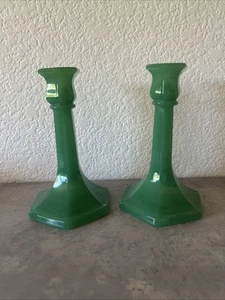 Vintage Set of 2 Northwood Glass Green Jade Candlesticks 6 Panel -6-3/4”H - Picture 1 of 7