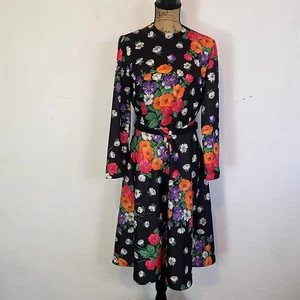 Vtg Joan Curtis Womens 14 Dress Fit & Flare Black Multicolor Floral Knee Length - Picture 1 of 5