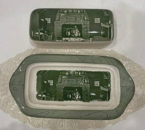 Raro piatto e coperchio burro coloniale Homestead verde transferware Royal China - Foto 1 di 12