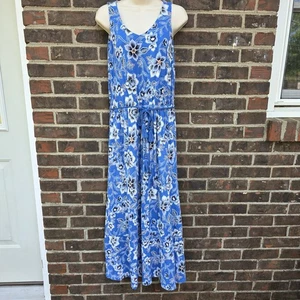 J Jill Floral Maxi V-Neck Dress A-Line Blue White Tropical Vacay Tassel Size S - Picture 1 of 7