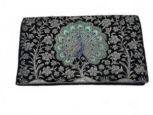 Vintage schwarz Samt bestickt Pfau Zardozi Clutch Handtasche - Bild 1 von 4