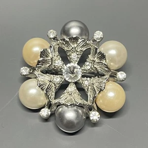 Vintage Silver Tone Brooch Pin Faux Pearl Rhinestone Flower Cluster Costume - Picture 1 of 5