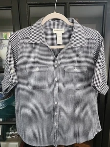 CD Daniels Petite Medium Navy/White Gingham Check Blouse Roll Sleeves - Picture 1 of 7