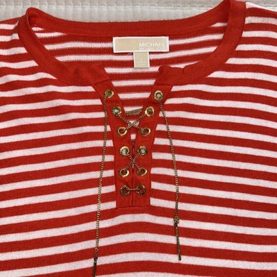 Suéter Michael Kors Náutico Naranja Blanco Rayas con Acentos Dorados Cadena Grande Foto 1 de 4