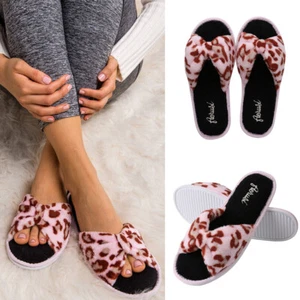 Pink Leopard Pattern Open Toe Bow Knot Slippers Warm Cozy Indoor Shoes Size 6-10 - Picture 1 of 15