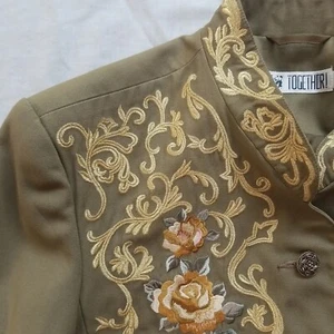 Gold Embroidery Blazer Together Jacket Mandarin Collar Olive Cherub Rose  UK 16 - Picture 1 of 18