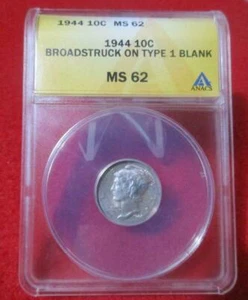 1944 ANACS MS62 Large Broadstrike $336 APR! No Edge Reeding! Mercury Dime 10C - Picture 1 of 5