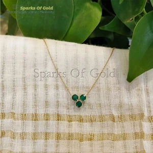 Natural 0.71 Ct Tri- Beauty Emerald Necklace Solid 14K Yellow Gold Cable Chain - Picture 1 of 1