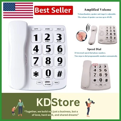Teléfono con cable botón grande para ancianos - Función amplificada de volumen y marcación rápida Foto 1 de 4