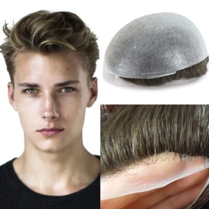 Mens Super Thin Skin Male Wig Real Human Hair Toupee Hairpieces Light Brown - Picture 1 of 9
