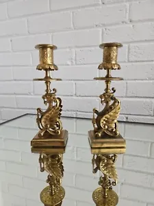 Pair Brass Griffin Candlesticks Embossed Sconces Circular Drip Trays Square Base - Picture 1 of 19