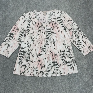 Chicos Top Sz 2 Womens Large 3/4 Sleeve Pleated V Neck Pink Black Stretch Knit - Picture 1 of 7