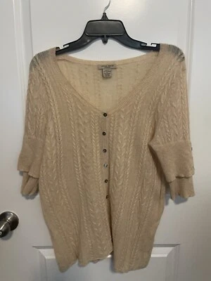 Suéter tejido con cable con cuello en V cachemir 100 % 2 capas diseño vertical talla M beige Foto 1 de 4