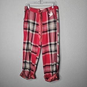 Aerie Pajama Pants Size S Small Red Gray Logo Satin Trim Drawstring Loungewear - Picture 1 of 11