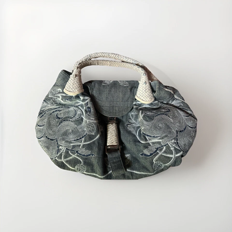 Bolso FENDI Denim/Lona Espía Bordado Cristales Cuero Blanco Asas Tejidas NUEVO Foto 1 de 4