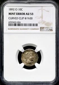 1892-O 10C Barber Dime NGC Mint Error AU 53 Curved Clipped Planchet @ 9:00 CC566 - Picture 1 of 6