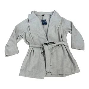 Lands End Open Cardigan Jacket Parka With Tie Belt Women L Gray Wool Ruffle New - Picture 1 of 14